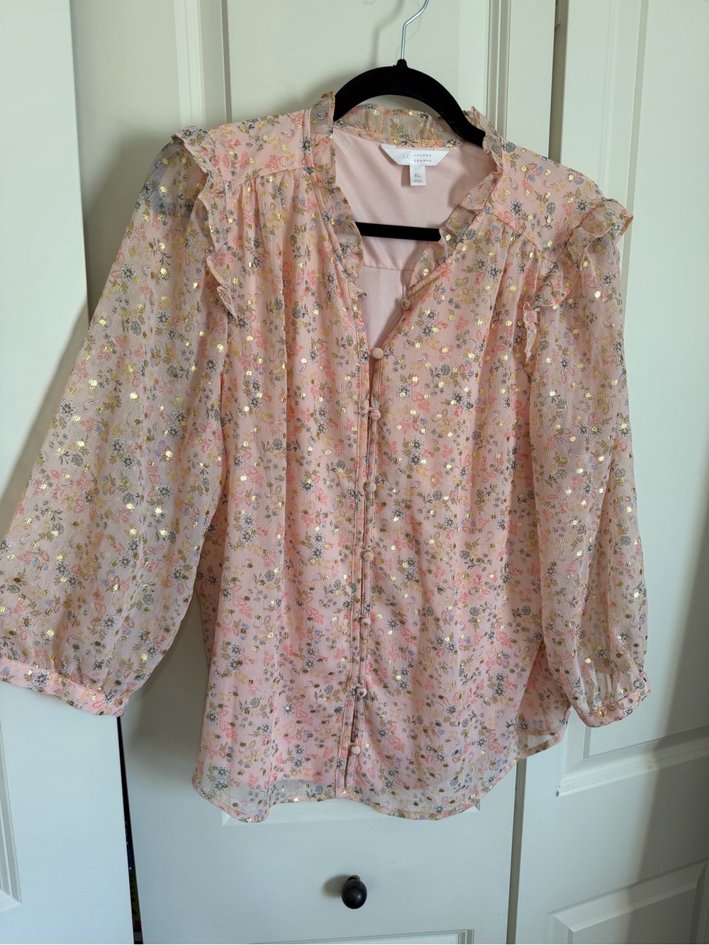 LC Lauren Conrad Pink Floral Ruffle Blouse with Gold Dots